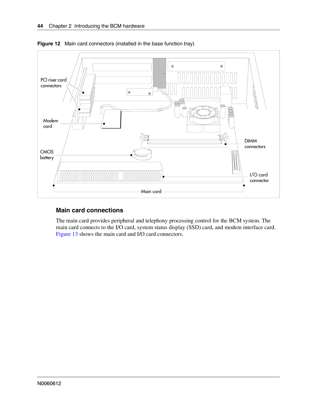 Nortel Networks 400 4.0, BCM200 manual Main card connections, Main card connectors installed in the base function tray 