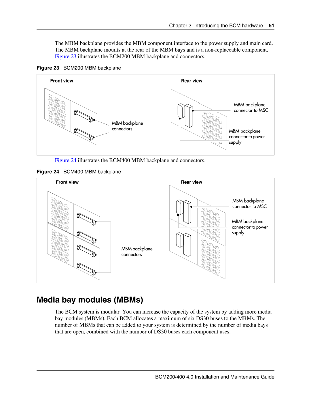 Nortel Networks 400 4.0 manual Media bay modules MBMs, BCM200 MBM backplane 