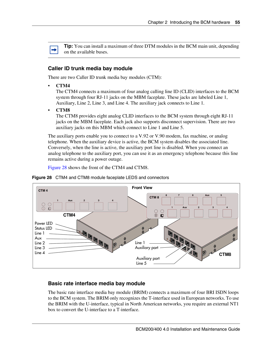 Nortel Networks BCM200, 400 4.0 manual Caller ID trunk media bay module, Basic rate interface media bay module 