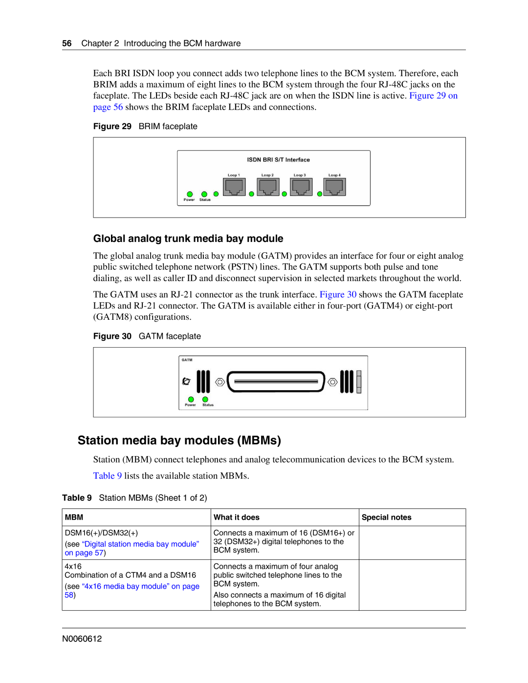 Nortel Networks 400 4.0, BCM200 Station media bay modules MBMs, Global analog trunk media bay module, Station MBMs Sheet 1 