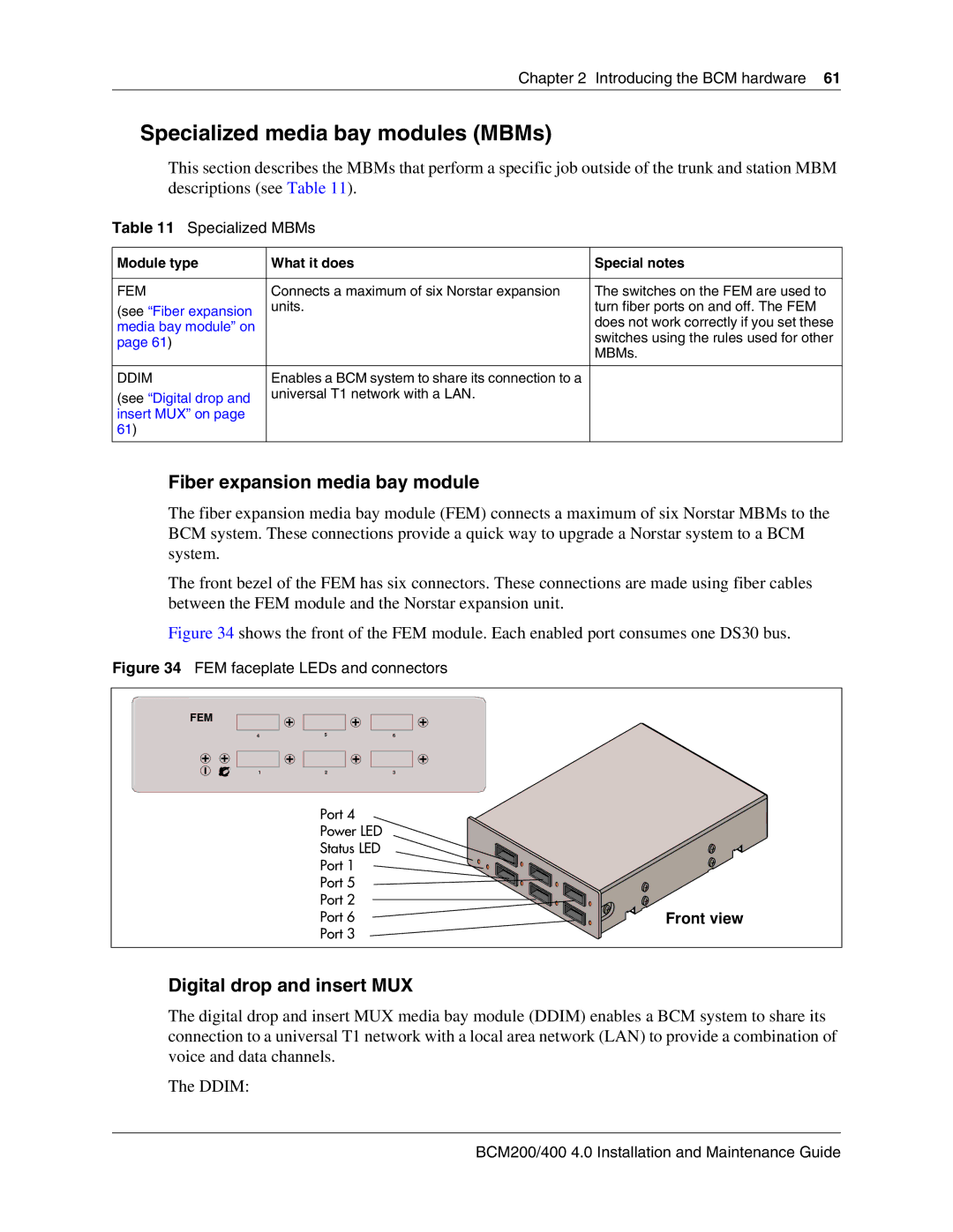 Nortel Networks BCM200 Specialized media bay modules MBMs, Fiber expansion media bay module, Digital drop and insert MUX 