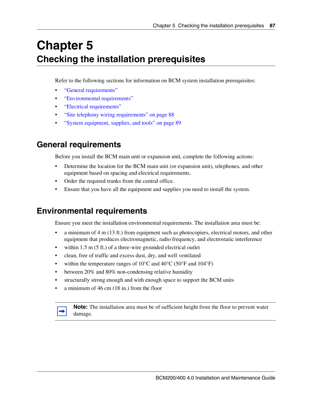 Nortel Networks BCM200, 400 4.0 Checking the installation prerequisites, General requirements, Environmental requirements 