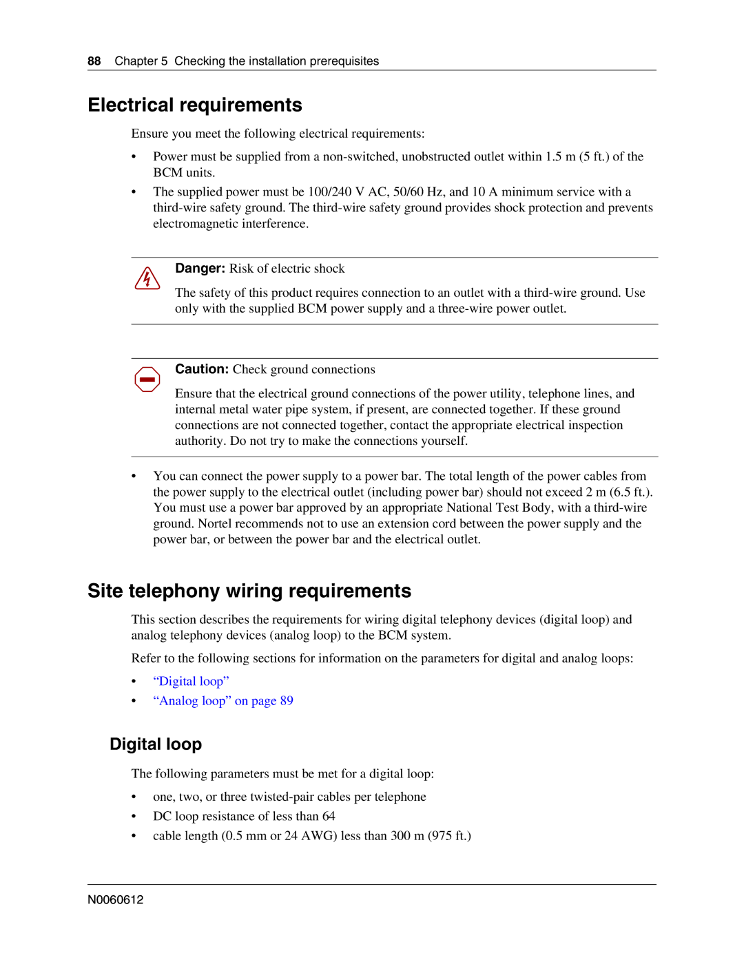 Nortel Networks 400 4.0, BCM200 manual Electrical requirements, Site telephony wiring requirements, Digital loop 