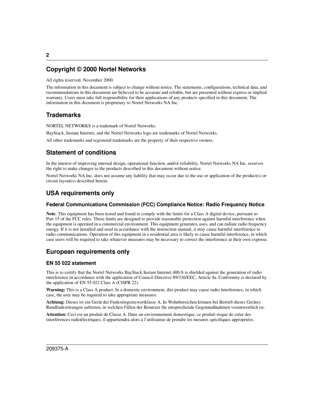 Nortel Networks 400-S manual USA requirements only 