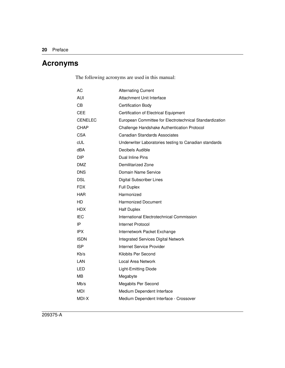 Nortel Networks 400-S Acronyms, Following acronyms are used in this manual 