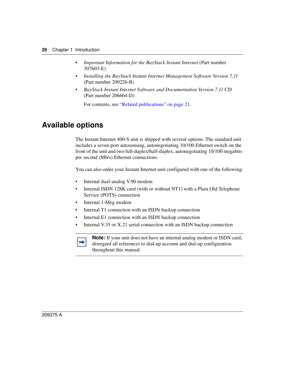 Nortel Networks 400-S manual Available options 