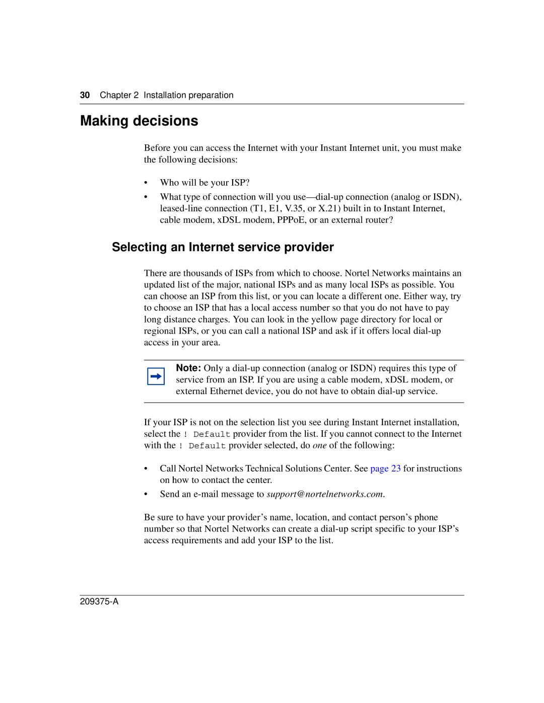 Nortel Networks 400-S manual Making decisions, Selecting an Internet service provider 