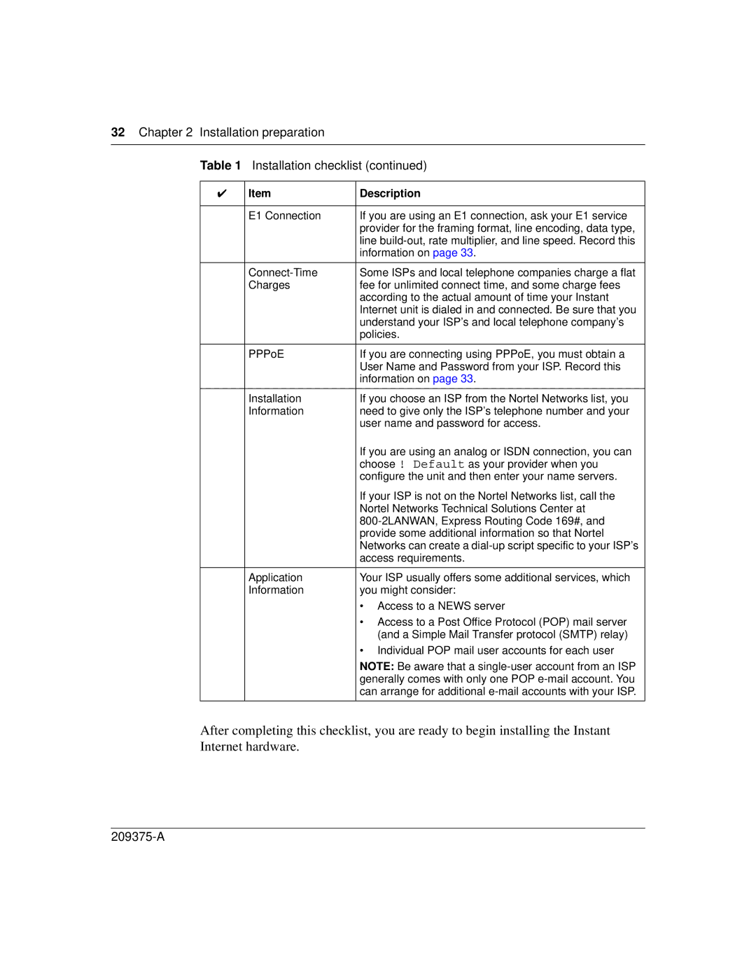 Nortel Networks 400-S manual Installation preparation Installation checklist 