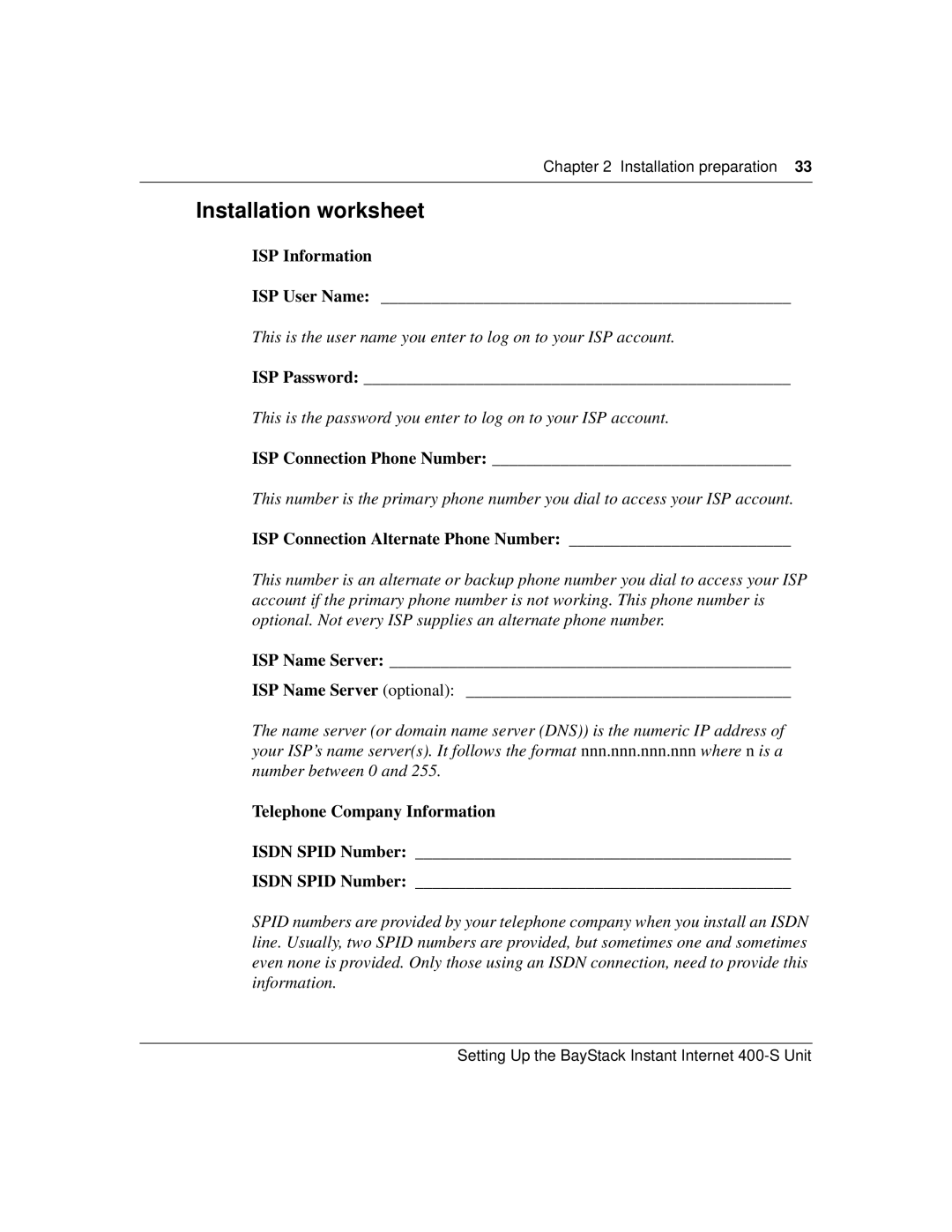 Nortel Networks 400-S manual Installation worksheet, ISP Information 