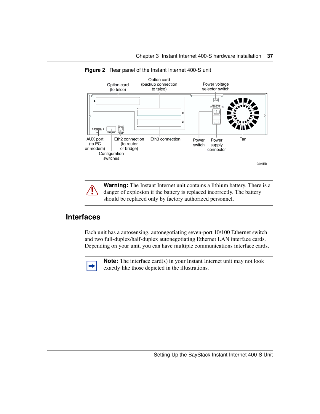 Nortel Networks manual Interfaces, Rear panel of the Instant Internet 400-S unit 