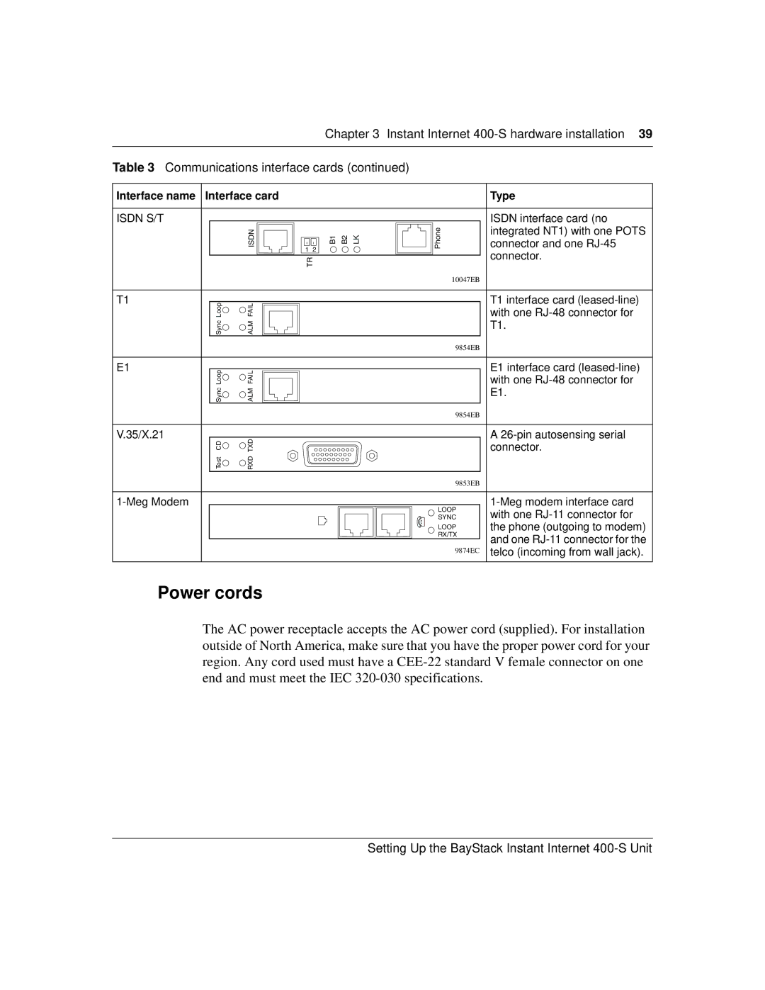 Nortel Networks 400-S manual Power cords, Isdn S/T 