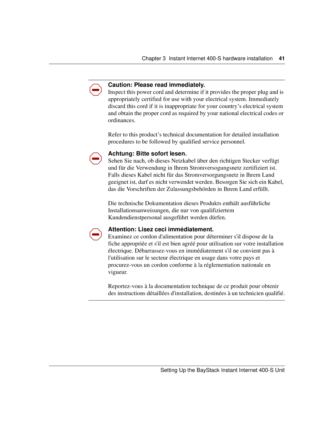 Nortel Networks 400-S manual Achtung Bitte sofort lesen 