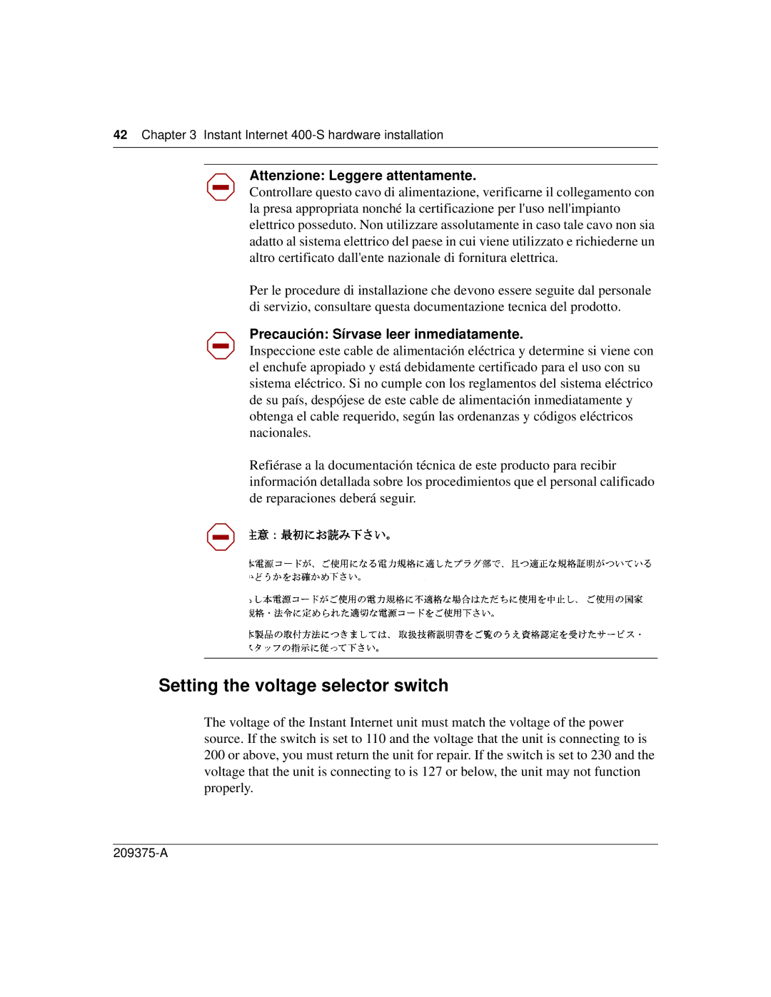 Nortel Networks 400-S manual Setting the voltage selector switch, Attenzione Leggere attentamente 