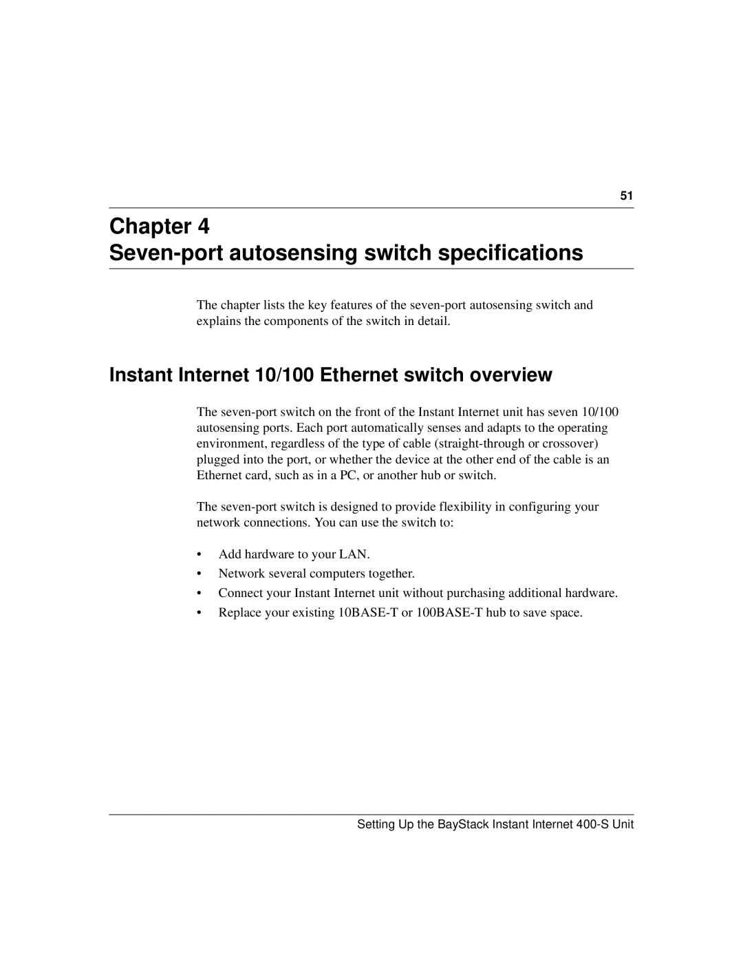 Nortel Networks 400-S manual Chapter Seven-port autosensing switch specifications 