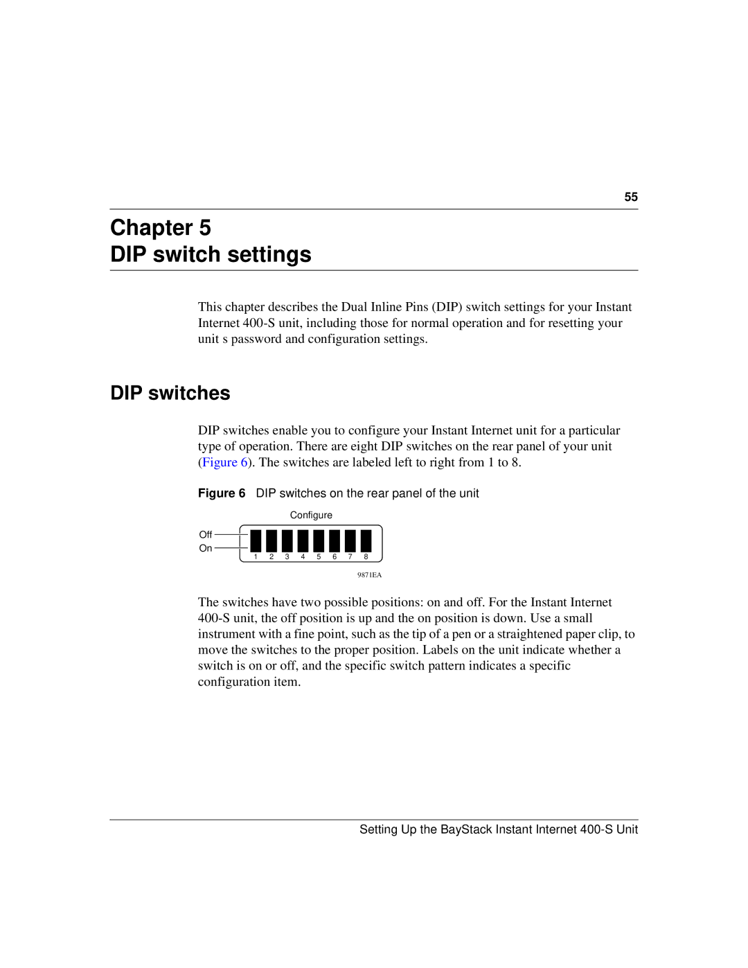 Nortel Networks 400-S manual Chapter DIP switch settings, DIP switches 