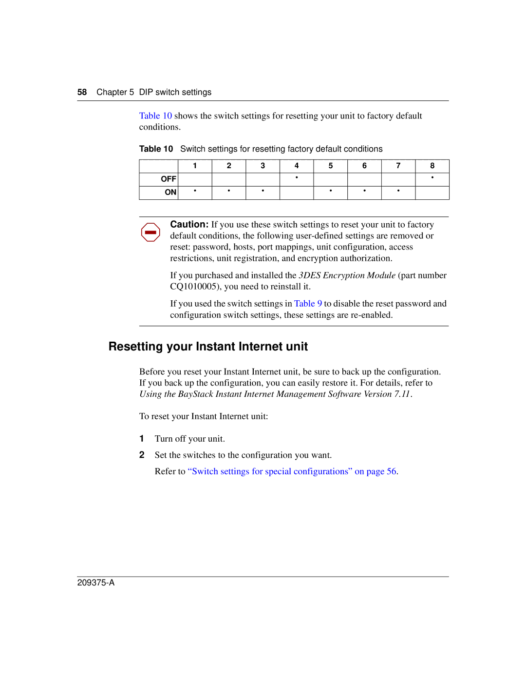 Nortel Networks 400-S manual Resetting your Instant Internet unit, Refer to Switch settings for special configurations on 