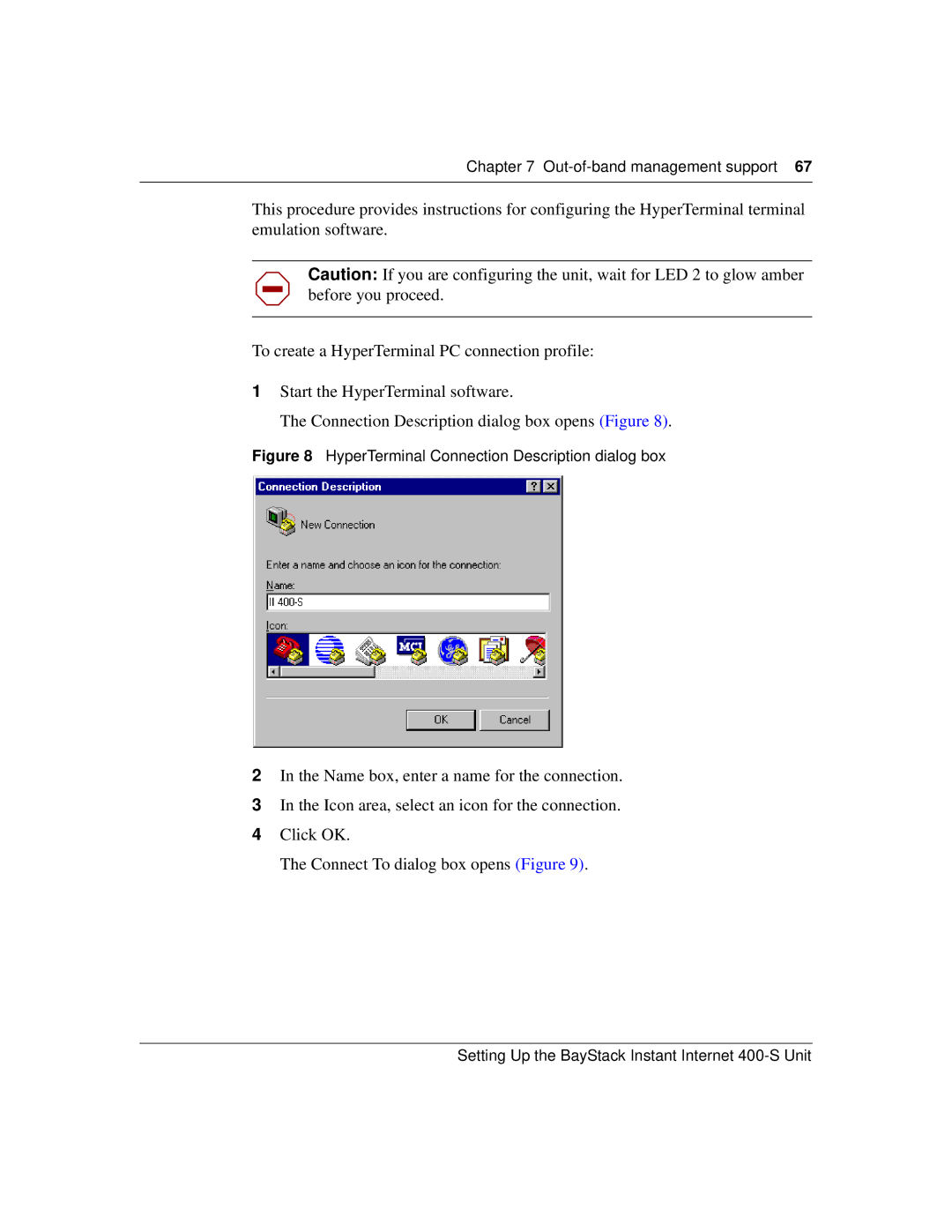 Nortel Networks 400-S manual HyperTerminal Connection Description dialog box 