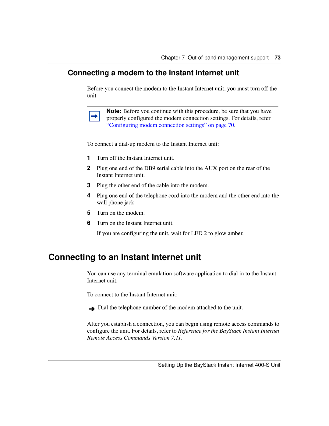 Nortel Networks 400-S manual Connecting to an Instant Internet unit, Connecting a modem to the Instant Internet unit 