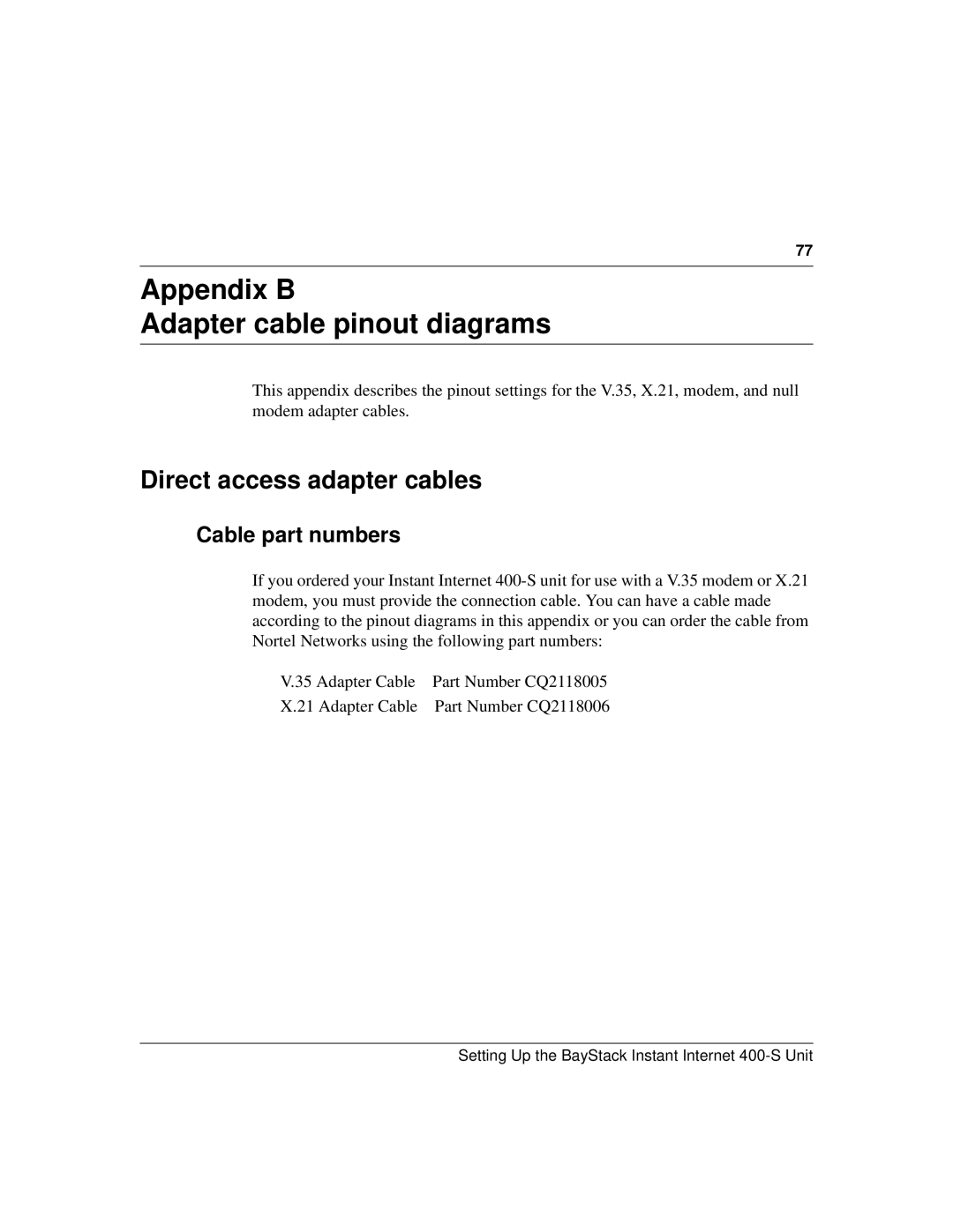 Nortel Networks 400-S manual Appendix B Adapter cable pinout diagrams, Direct access adapter cables, Cable part numbers 