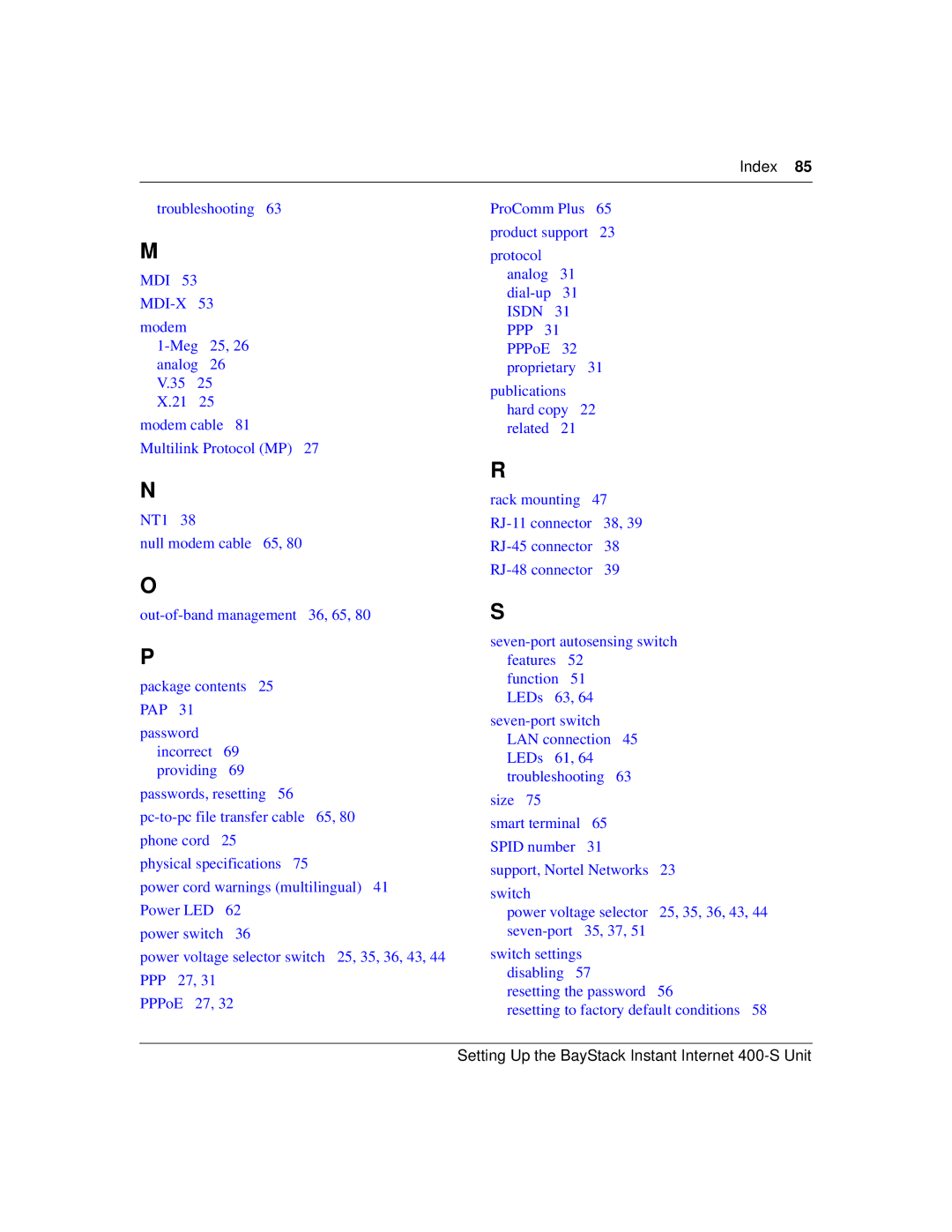 Nortel Networks 400-S manual Index 