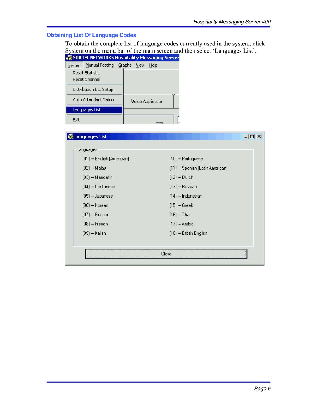 Nortel Networks 400 manual Obtaining List Of Language Codes 