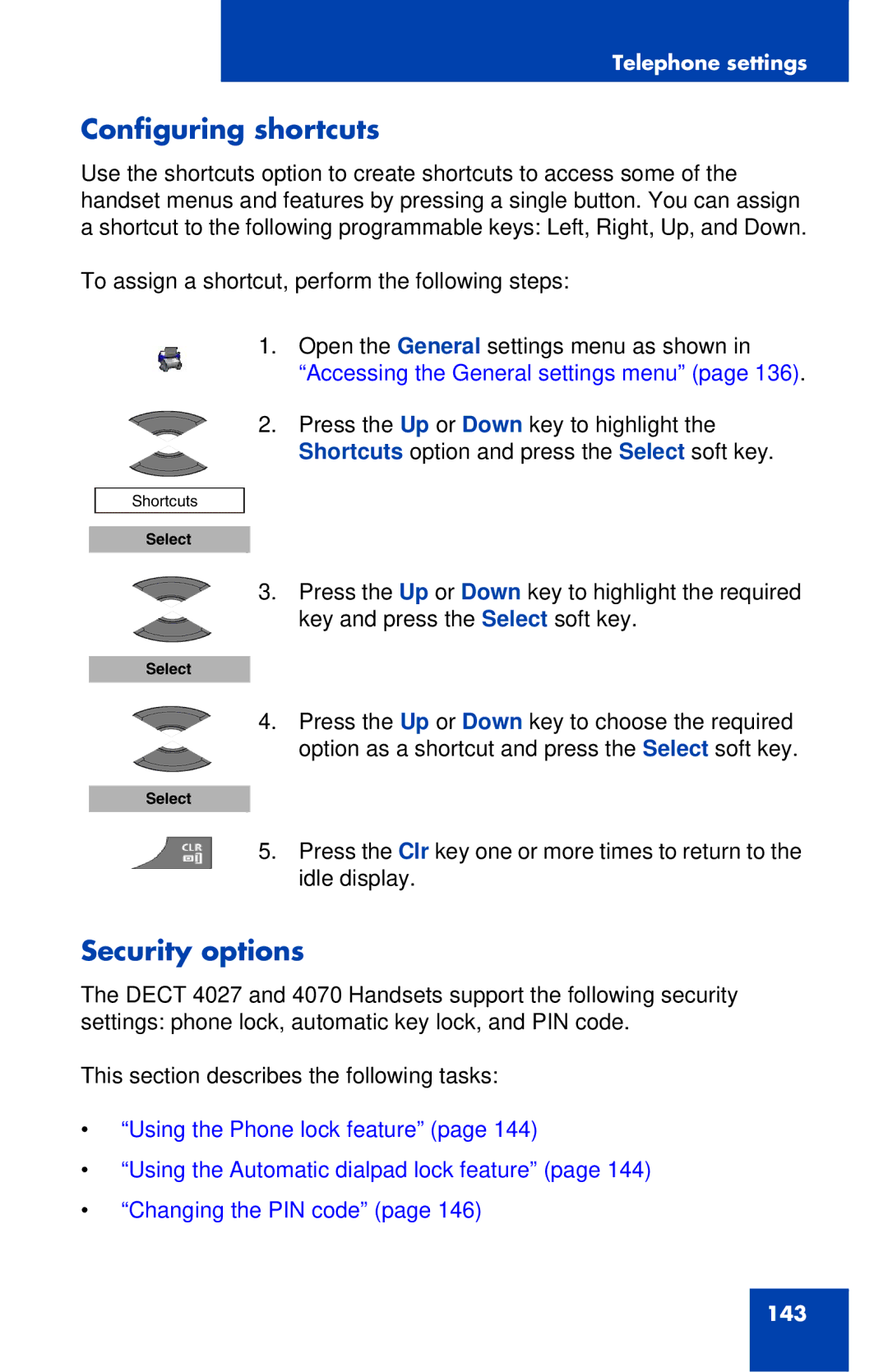 Nortel Networks 4027 manual Configuring shortcuts, Security options 