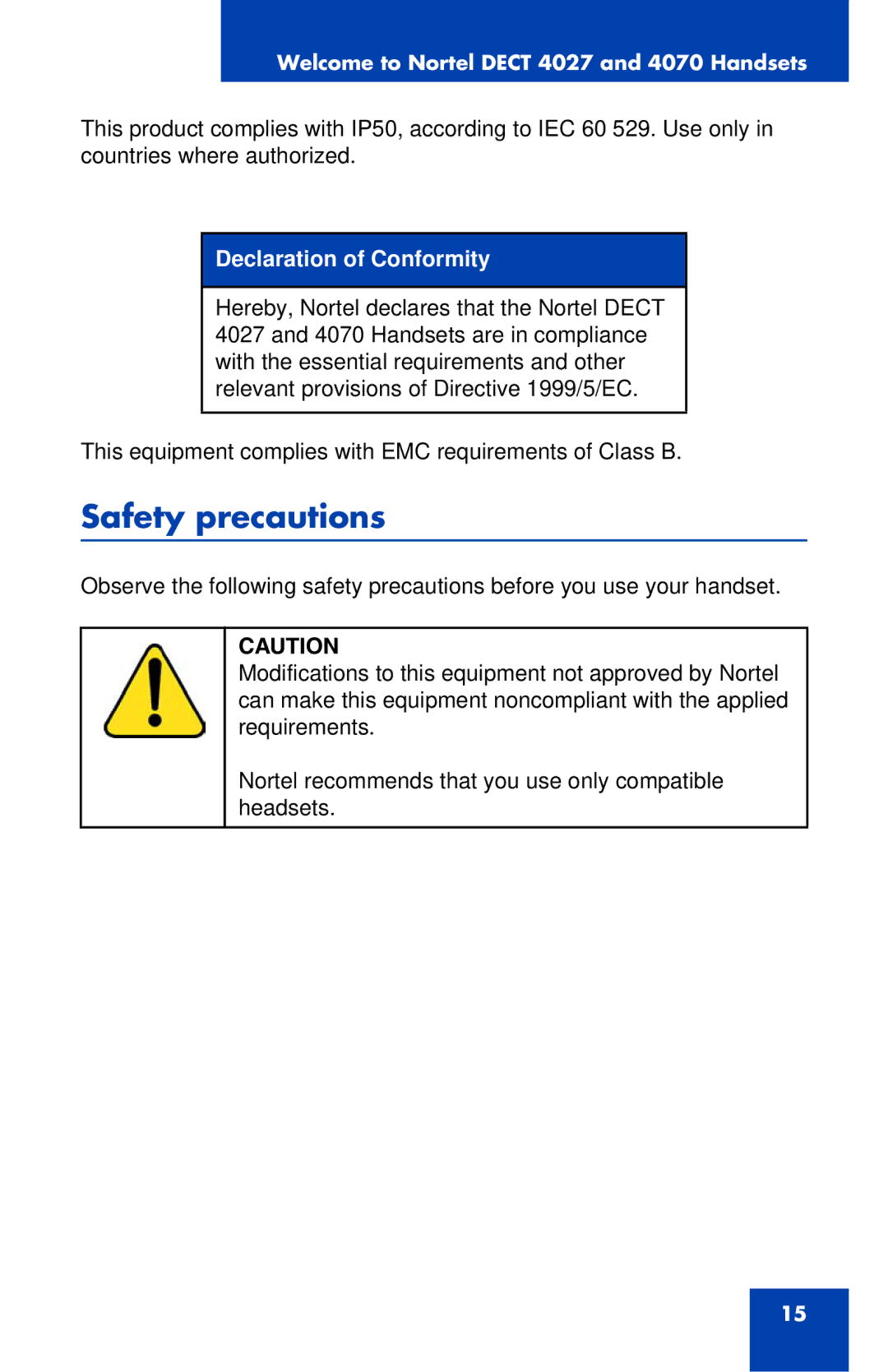 Nortel Networks 4027 manual Safety precautions, Declaration of Conformity 