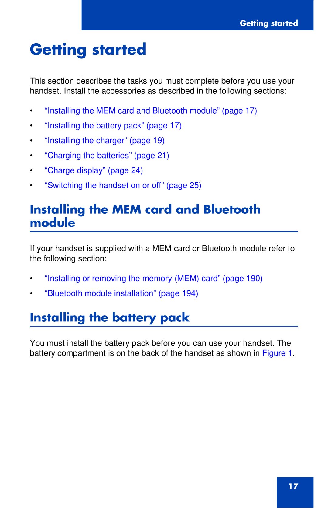 Nortel Networks 4027 manual Getting started, Installing the MEM card and Bluetooth module, Installing the battery pack 