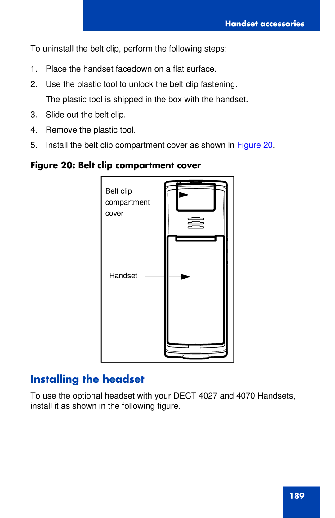 Nortel Networks 4027 manual Installing the headset, Belt clip compartment cover 