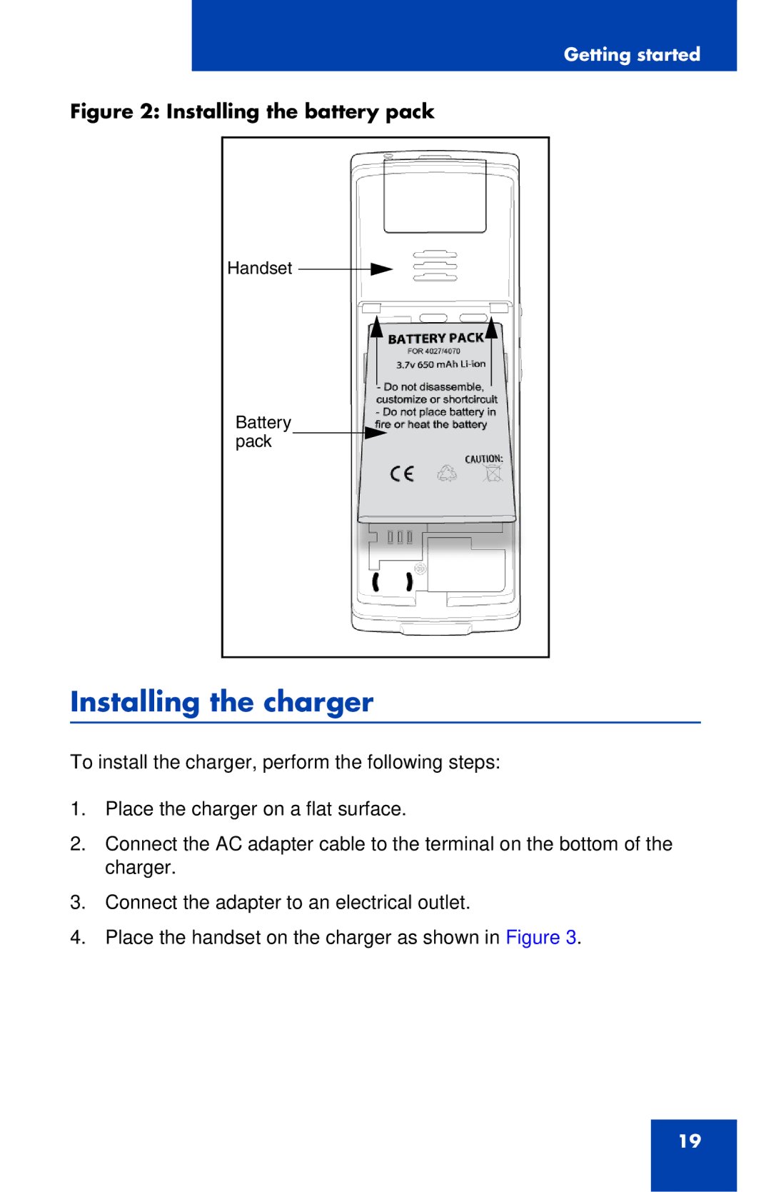 Nortel Networks 4027 manual Installing the charger, Installing the battery pack 