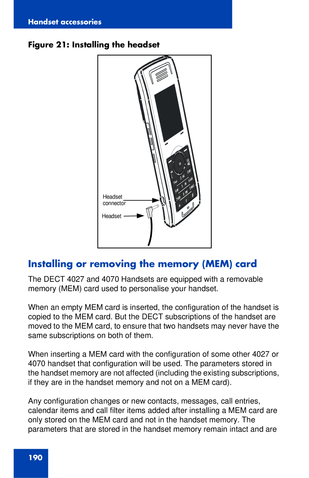 Nortel Networks 4027 manual Installing or removing the memory MEM card, Installing the headset 