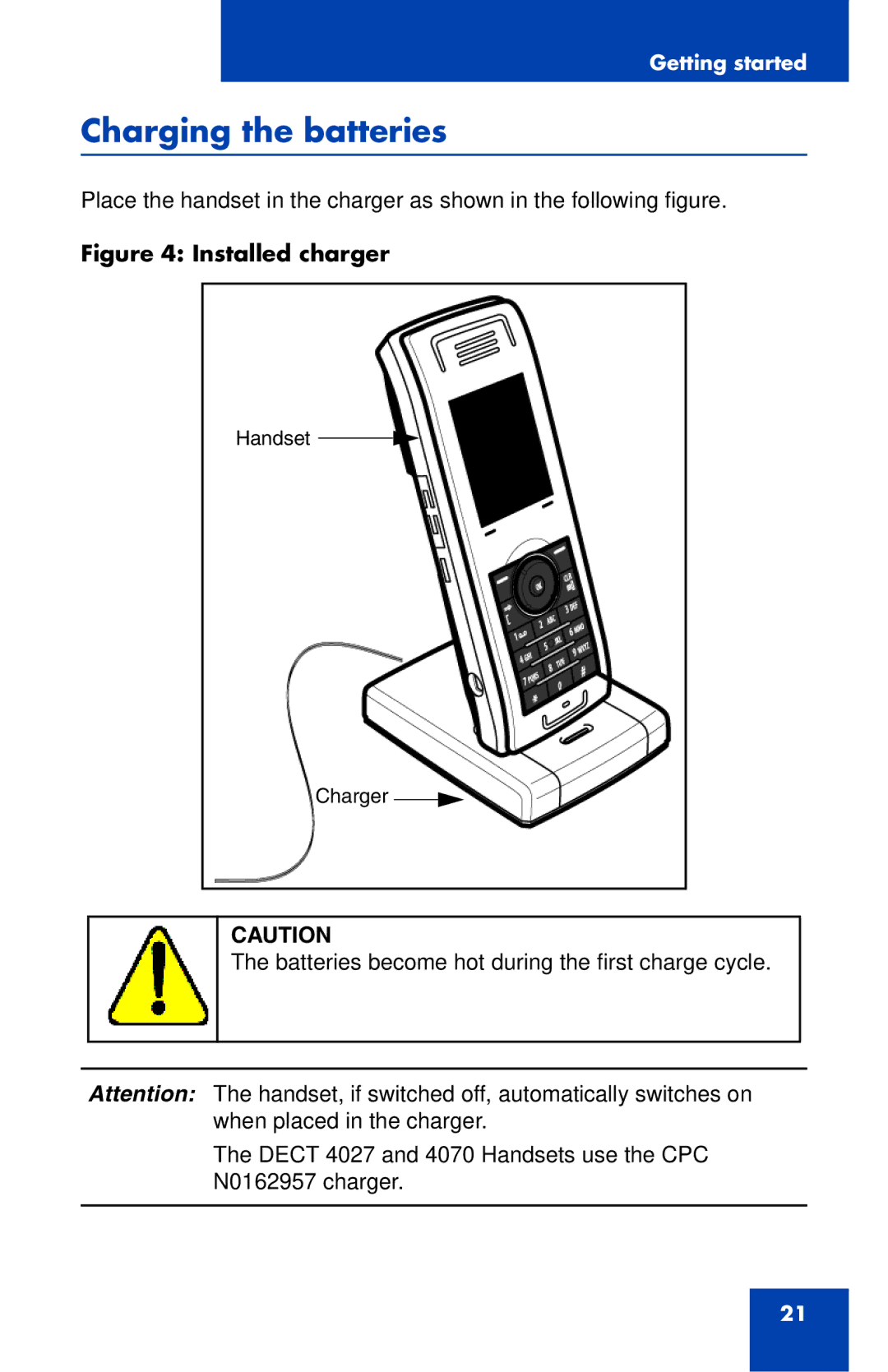 Nortel Networks 4027 manual Charging the batteries, Installed charger 