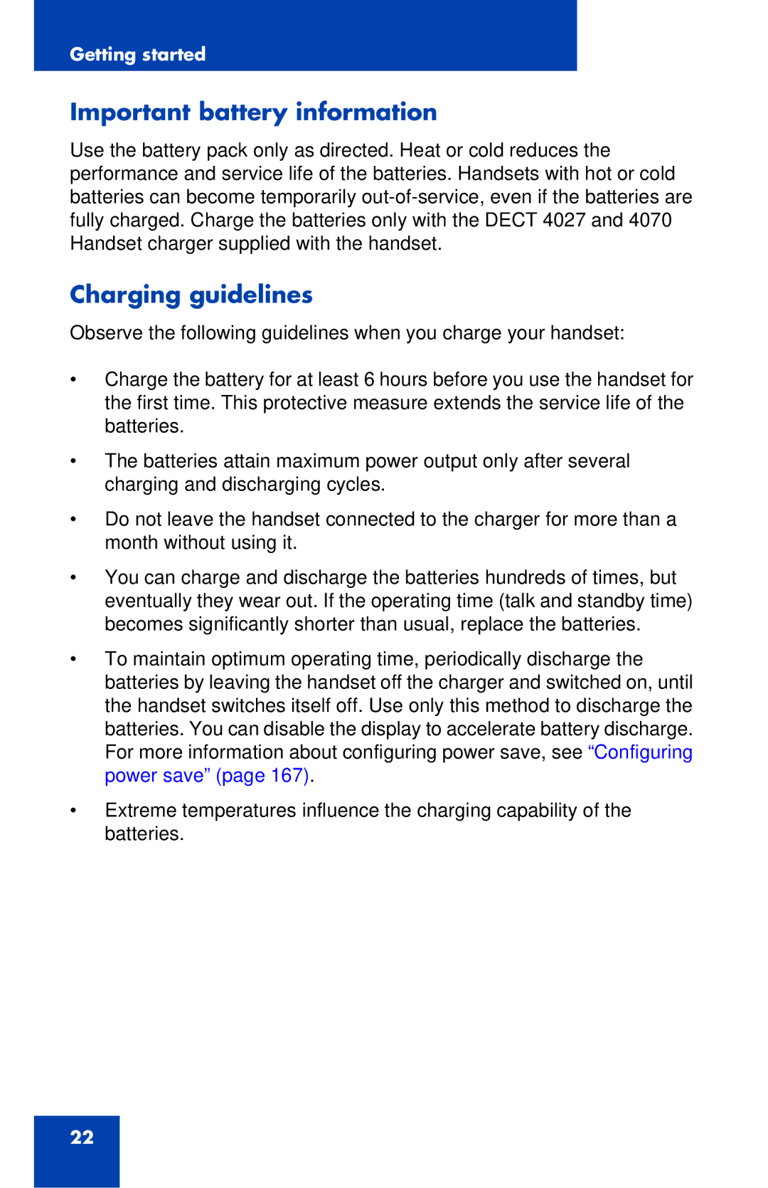 Nortel Networks 4027 manual Important battery information, Charging guidelines 