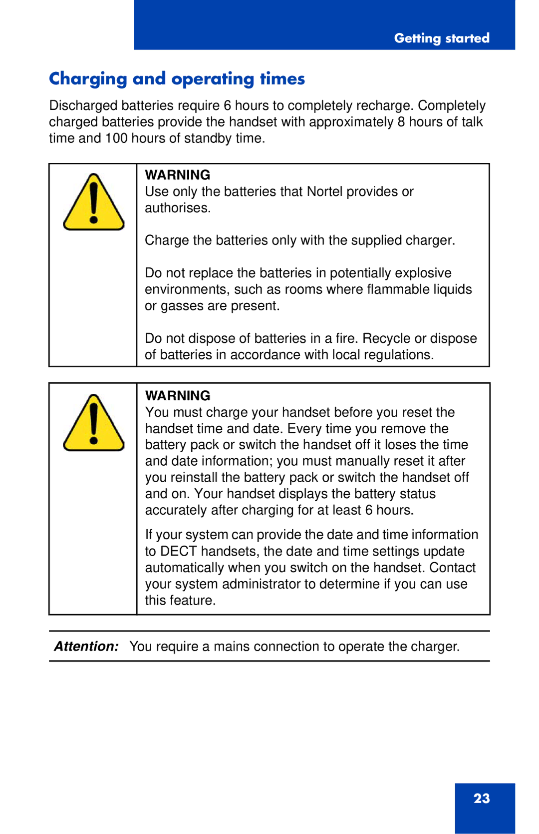 Nortel Networks 4027 manual Charging and operating times 