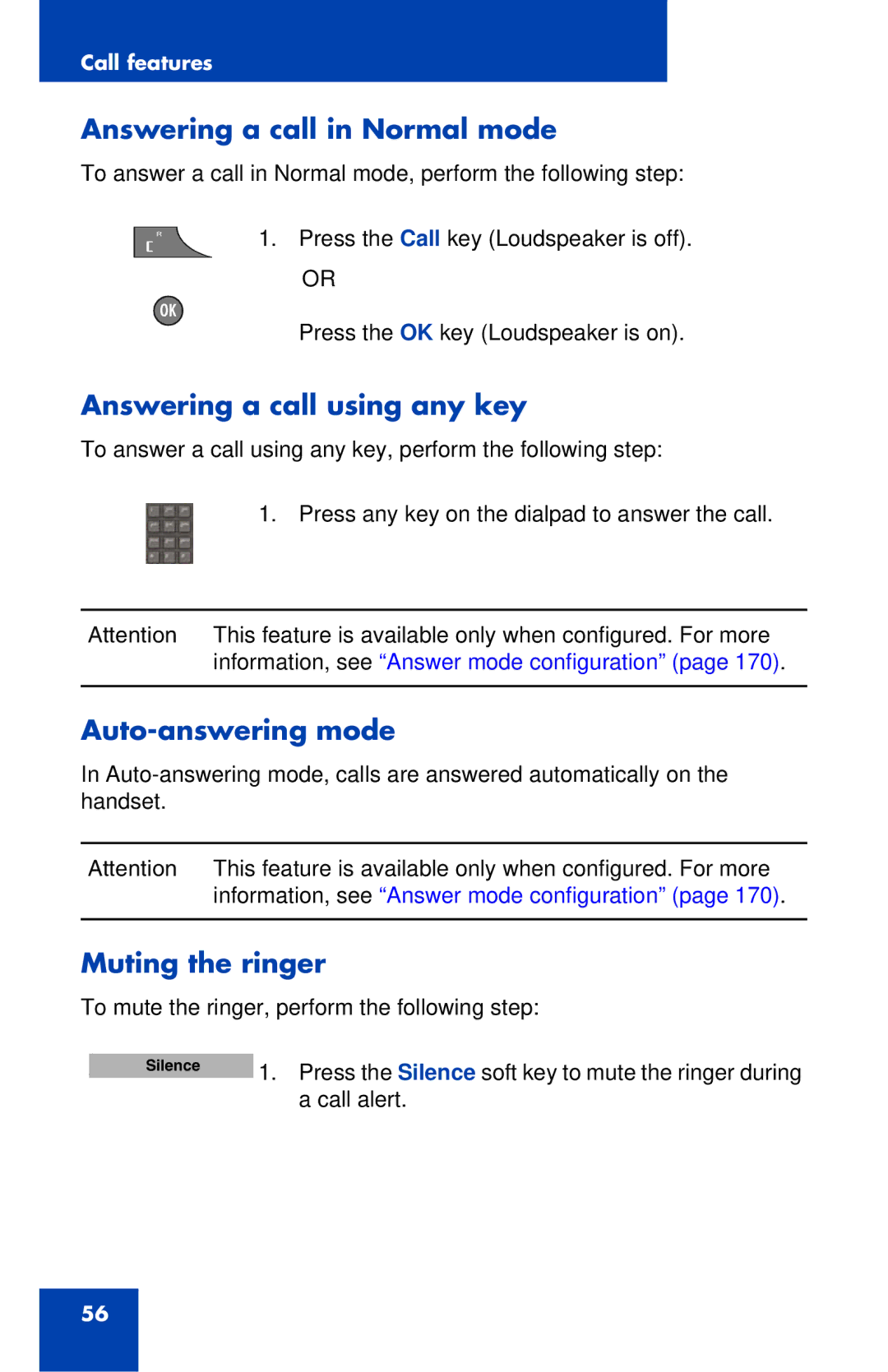 Nortel Networks 4027 manual Answering a call in Normal mode, Answering a call using any key, Auto-answering mode 