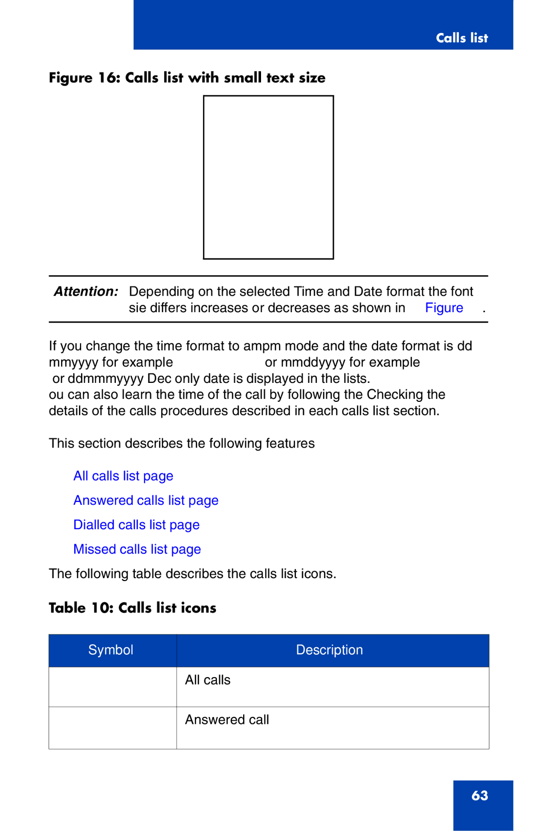 Nortel Networks 4027 manual Calls list with small text size, Calls list icons 