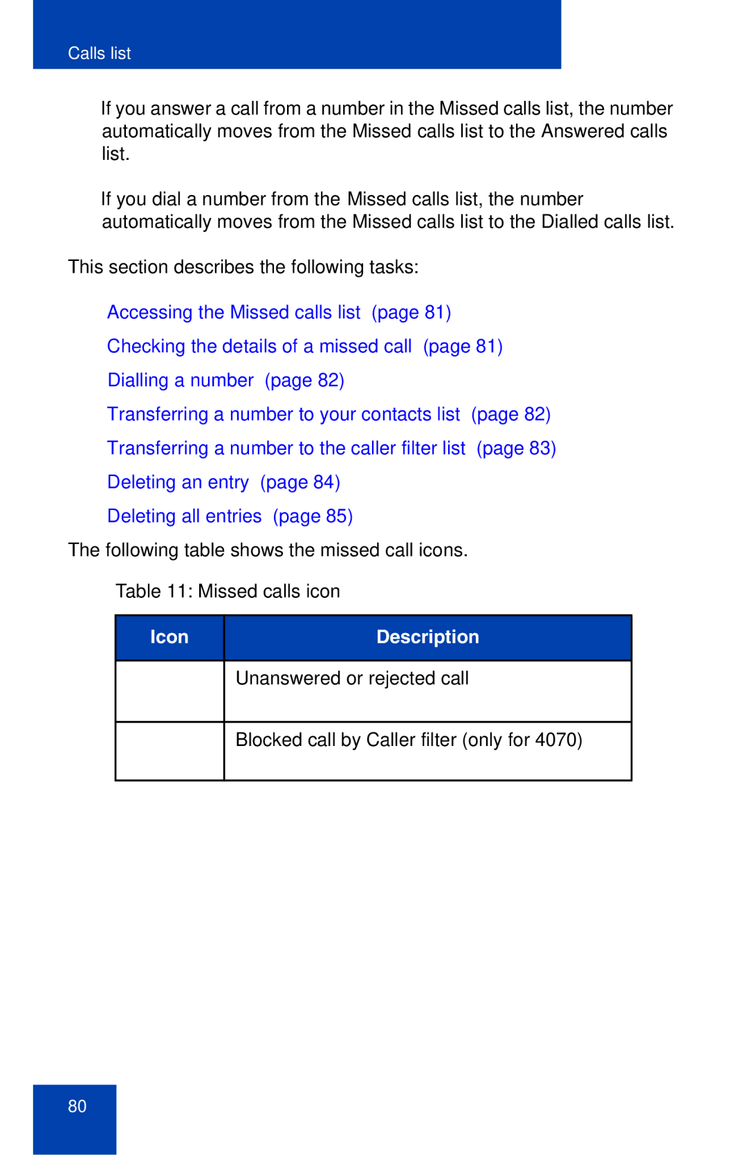 Nortel Networks 4027 manual Missed calls icon 