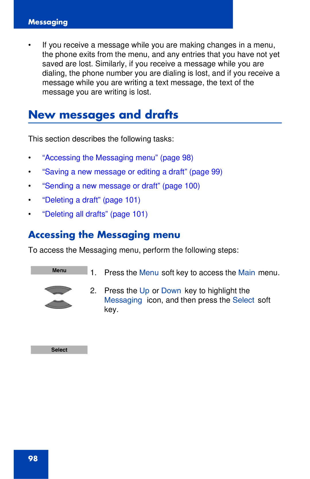 Nortel Networks 4027 manual New messages and drafts, Accessing the Messaging menu 