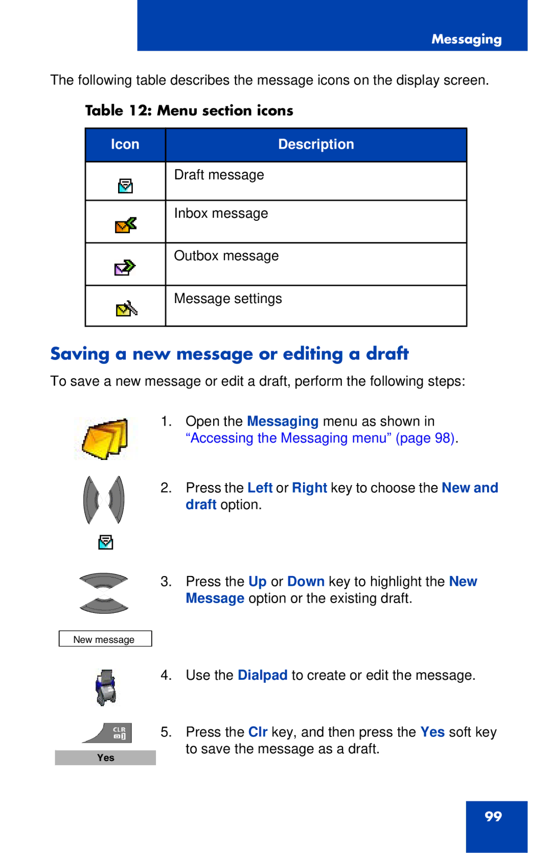 Nortel Networks 4027 manual Saving a new message or editing a draft, Menu section icons 