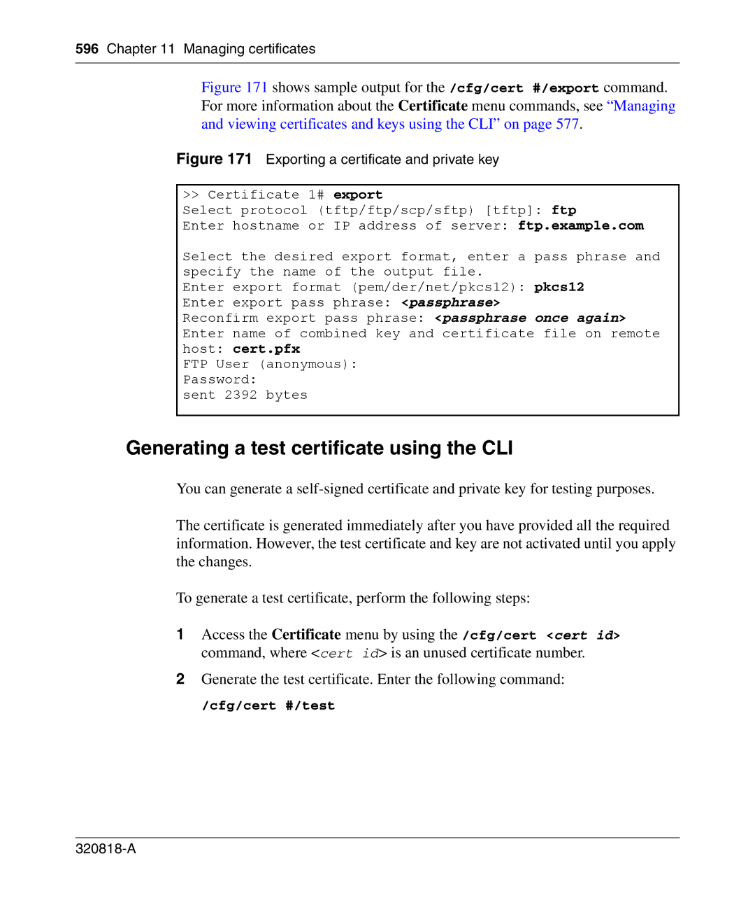 Nortel Networks 4050 manual Generating a test certificate using the CLI, Cfg/cert #/test 