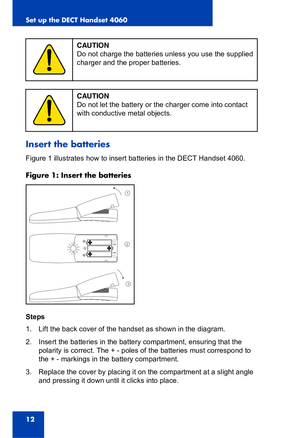 Nortel Networks 4060 manual Insert the batteries Steps 