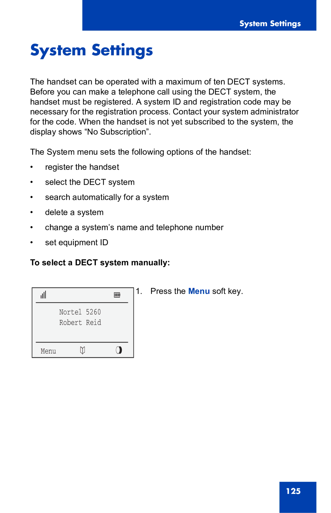 Nortel Networks 4060 System Settings, To select a Dect system manually 