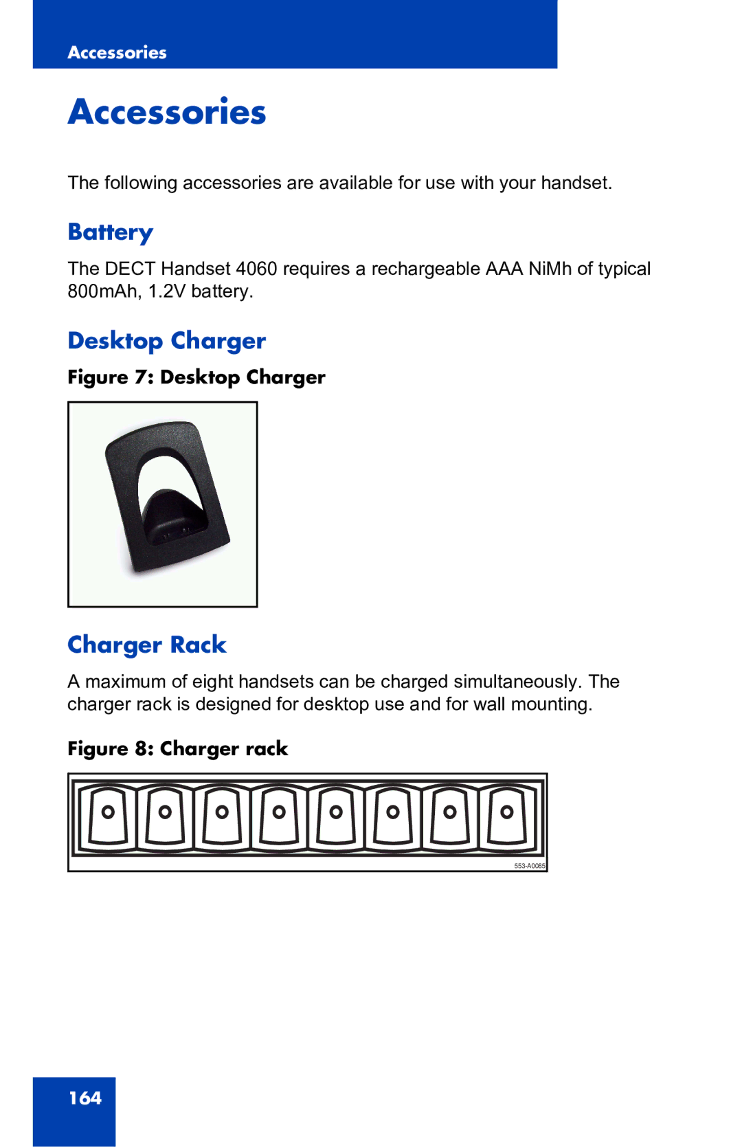 Nortel Networks 4060 manual Accessories, Battery, Desktop Charger, Charger Rack 