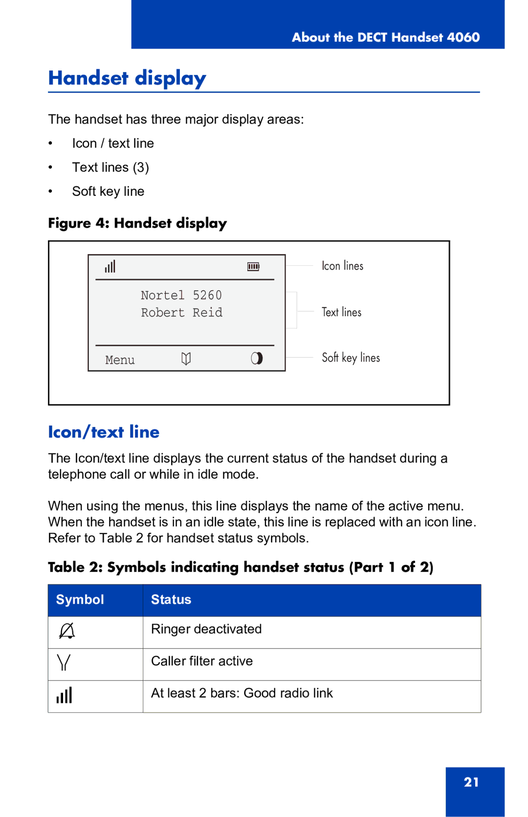 Nortel Networks 4060 manual Handset display, Icon/text line, Symbols indicating handset status Part 1 