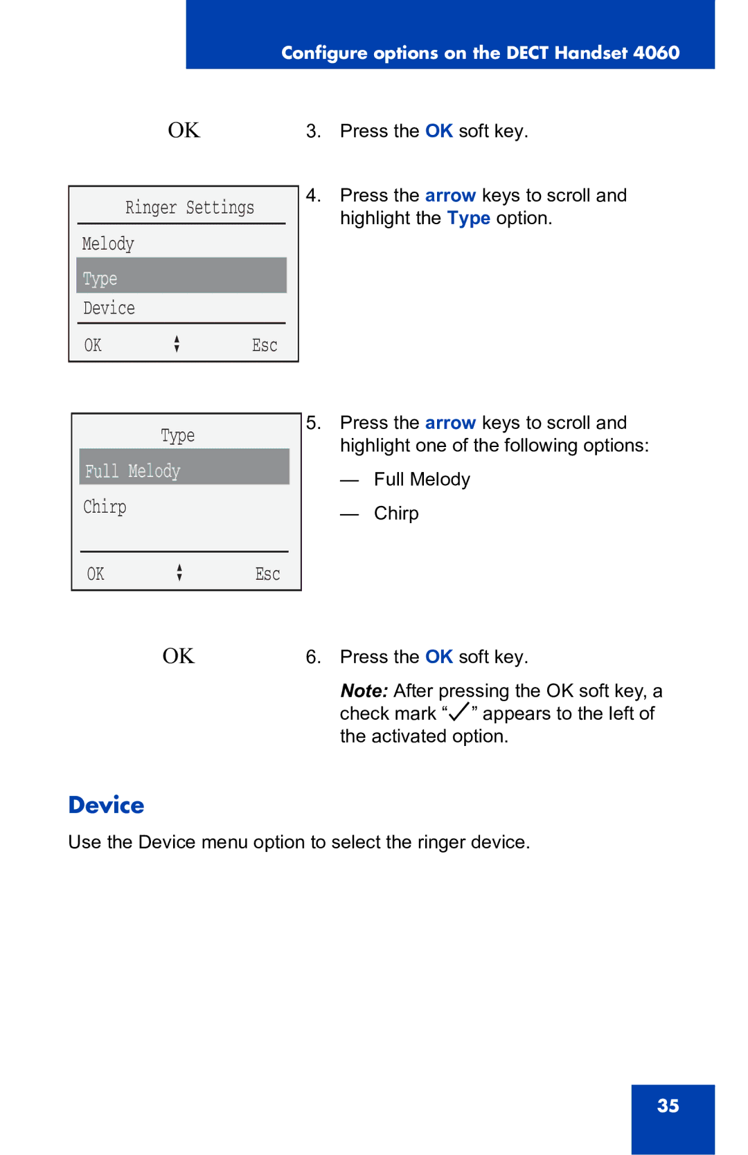 Nortel Networks 4060 manual Type, Chirp OK a Esc, Device 