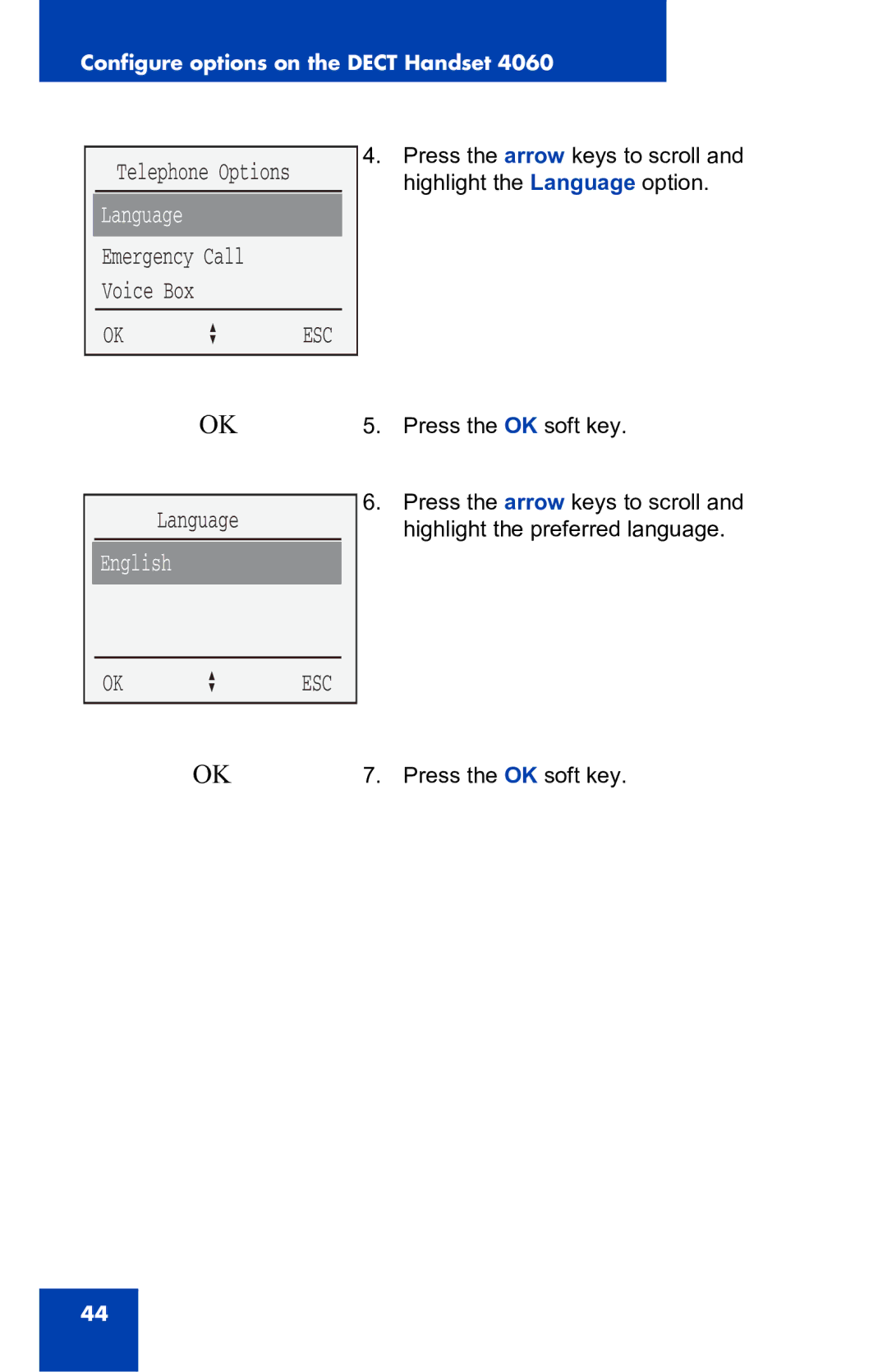 Nortel Networks 4060 manual Language, Voice Box OK a ESC, English 