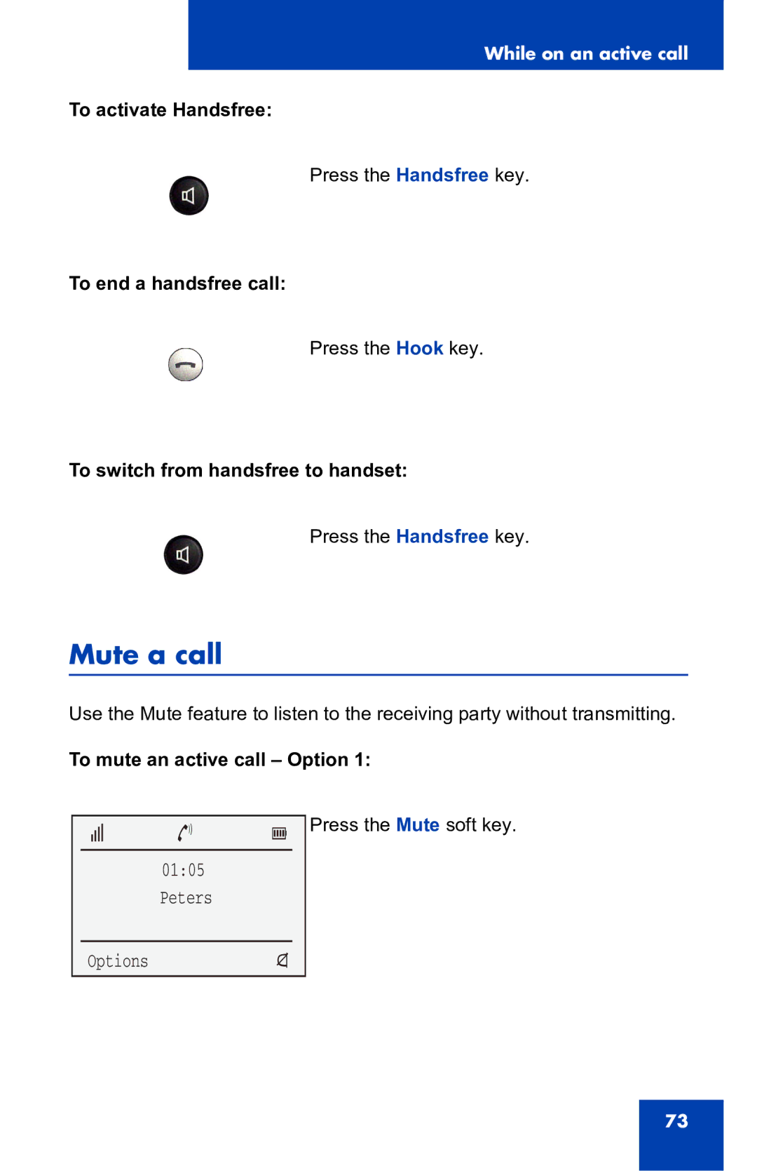 Nortel Networks 4060 Mute a call, To activate Handsfree, To end a handsfree call, To switch from handsfree to handset 