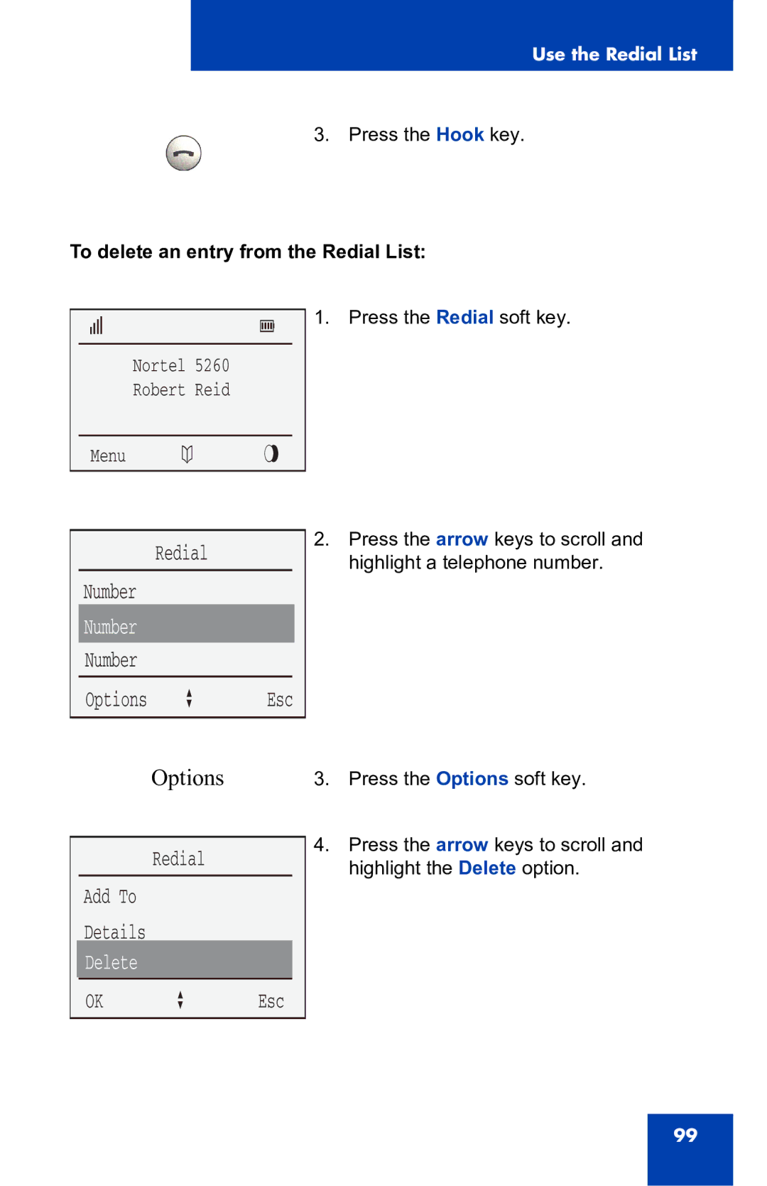 Nortel Networks 4060 manual Redial Add To Details, To delete an entry from the Redial List 