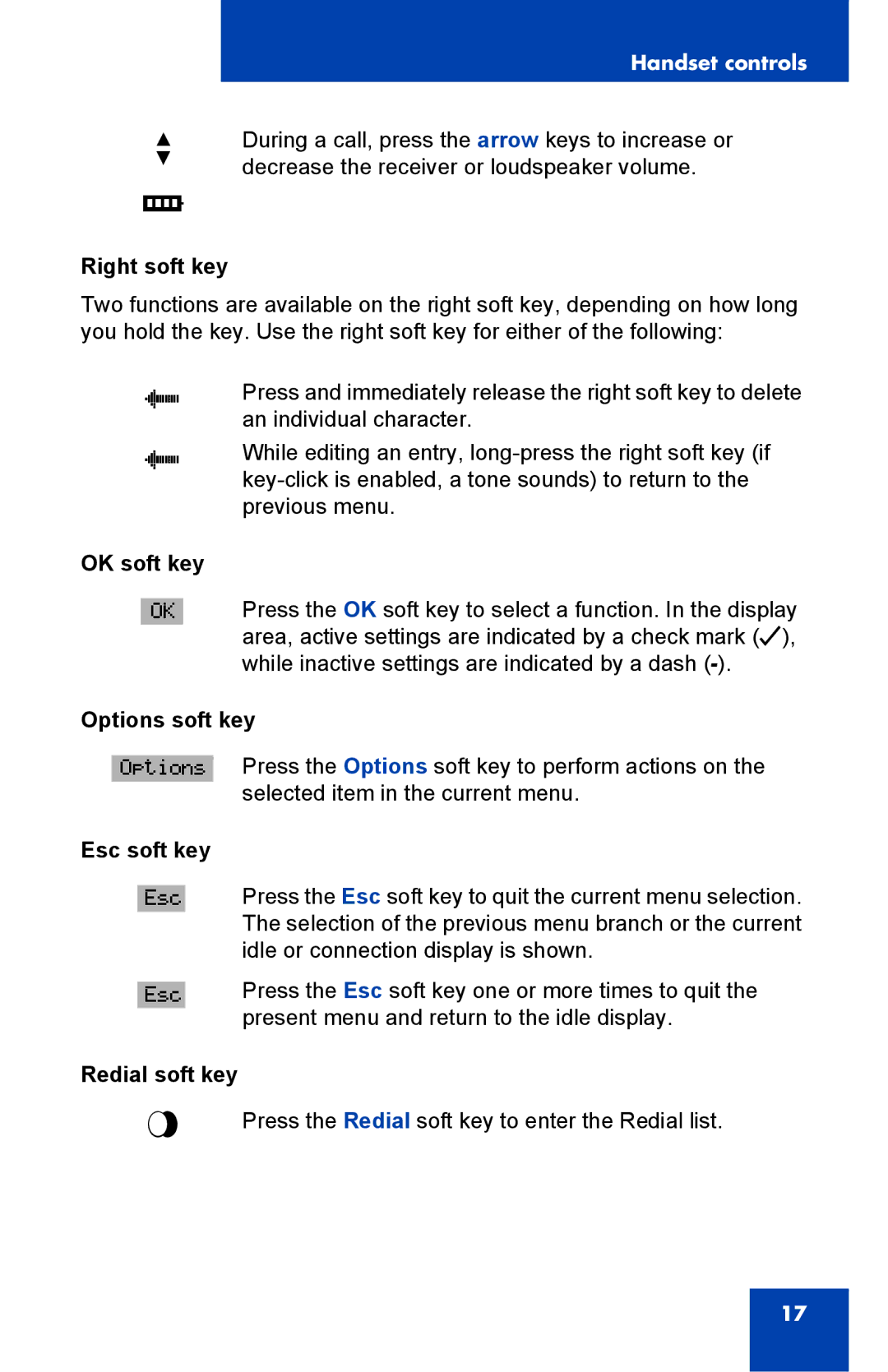 Nortel Networks 4065R manual Right soft key, OK soft key, Options soft key, Esc soft key, Redial soft key 