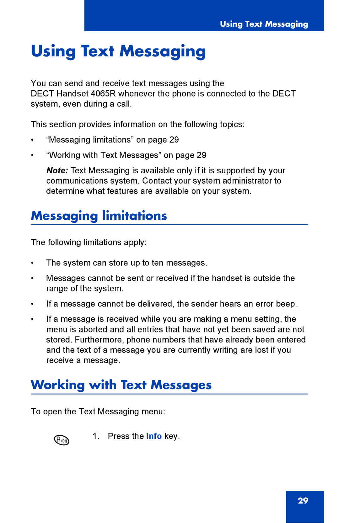 Nortel Networks 4065R manual Using Text Messaging, Messaging limitations, Working with Text Messages 